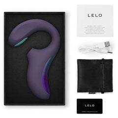 LELO Enigma Double Sonic full kit: massager, USB cable, satin pouch, warranty card in box