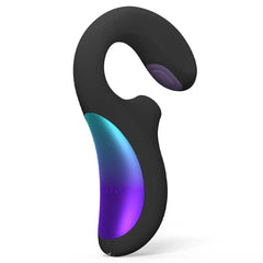 LELO Enigma Double Sonic massager, matte black silicone with rainbow iridescent accent panel
