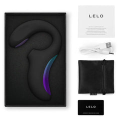 LELO Enigma Double Sonic unboxed contents: device, USB cable, satin pouch, and warranty card