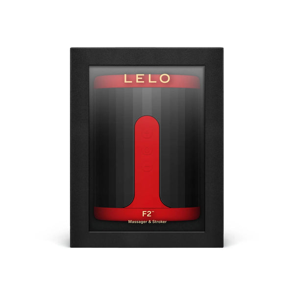 LELO F2S app-controlled male stroker in red, displayed in black branded gift box