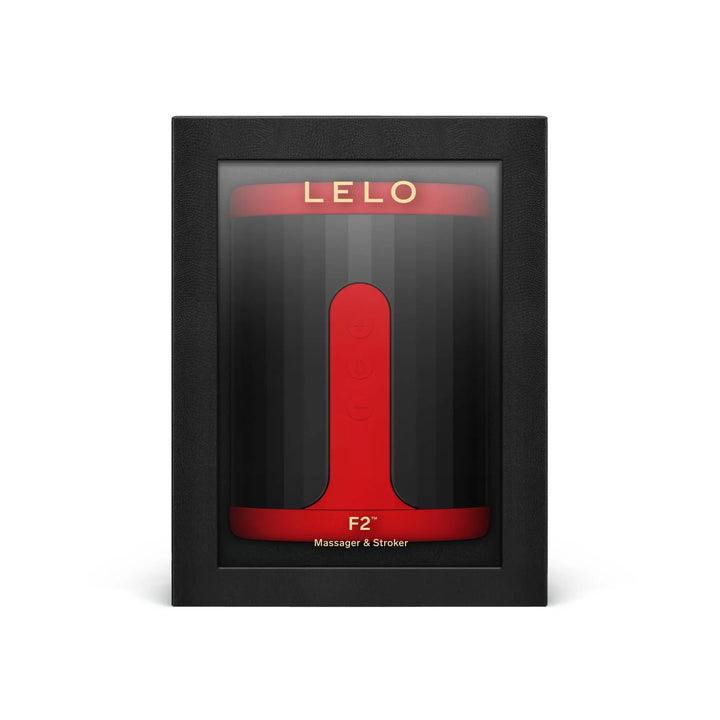 LELO F2S app-controlled male stroker in red, displayed in black branded gift box