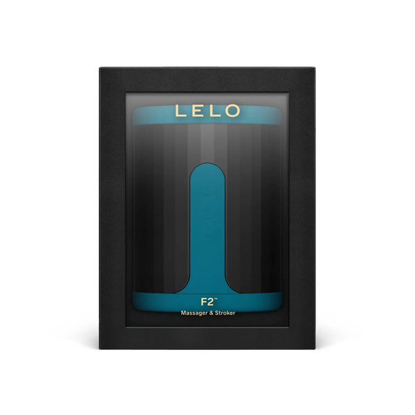 LELO F2S app-controlled male stroker in teal, displayed in black window gift box