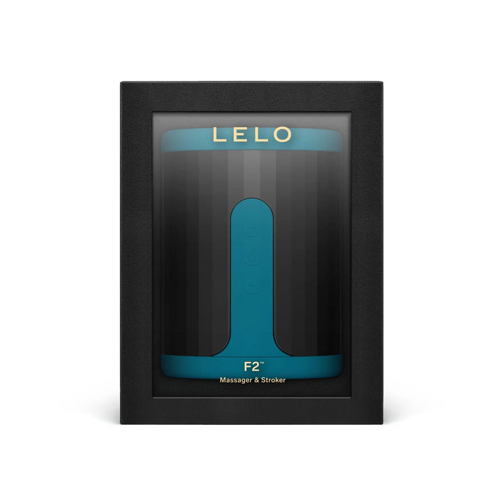 LELO F2S app-controlled male stroker in teal, displayed in black window gift box