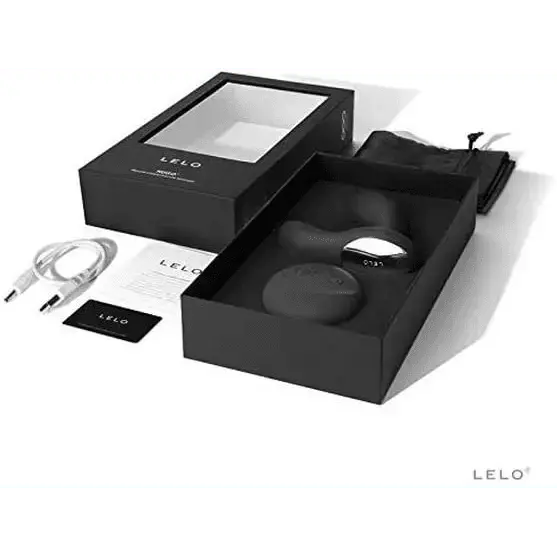 LELO Hugo prostate massager black unboxed with remote, charging cable, pouch and warranty card