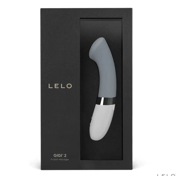 LELO Gigi 2 cool gray G-spot vibrator displayed in open black gift box packaging