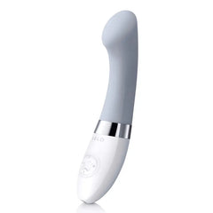 Close-up of Lelo Gigi 2 curved silicone massager showing control buttons and chrome band