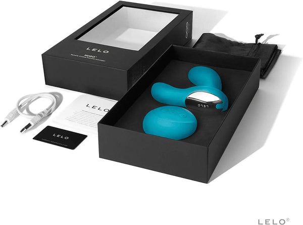 LELO Hugo Ocean Blue anal massager in open black gift box with remote, USB cable, and pouch