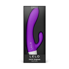 LELO KAYA Originals rabbit vibrator in purple, shown in black retail box with remote-controlled label