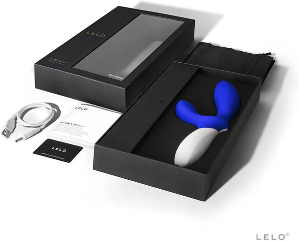 LELO Loki Wave Federal Blue anal massager displayed in open black gift box with charging cable and card
