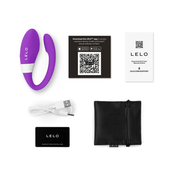 LELO Mahana Originals unboxed with USB cable, storage pouch, app card, and warranty card