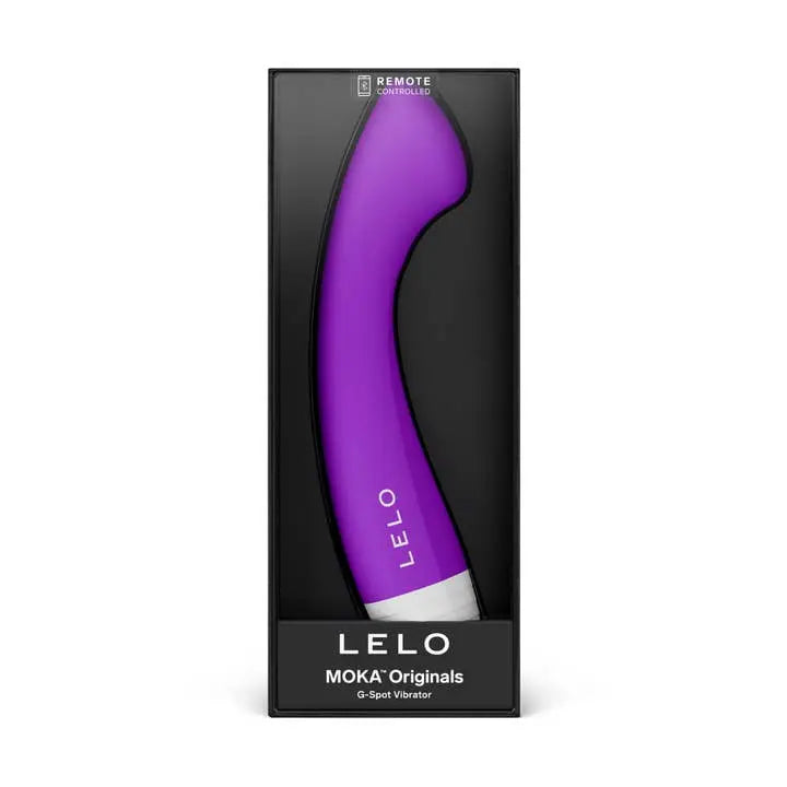 LELO MOKA Originals G-spot vibrator in purple, shown in black retail box packaging