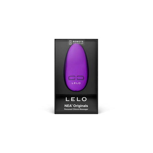 LELO NEA Originals personal clitoral massager in purple, shown in black retail box