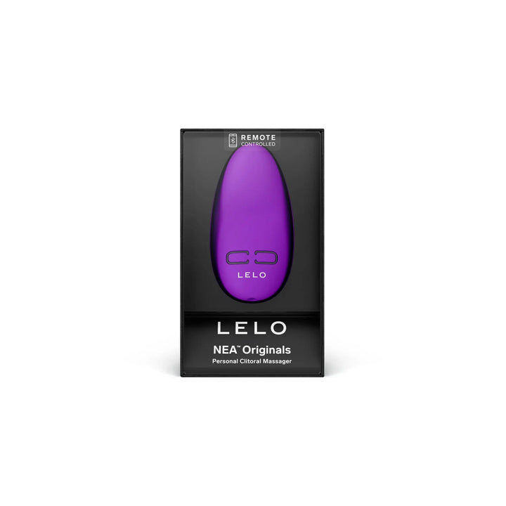 LELO NEA Originals personal clitoral massager in purple, shown in black retail box