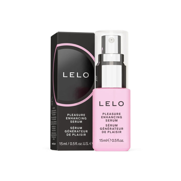 LELO Pleasure Enhancing Serum 15ml pink spray bottle beside its black gift box