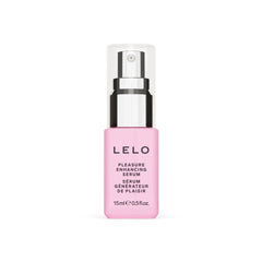 Close-up of LELO Pleasure Enhancing Serum clear pink bottle with silver pump top
