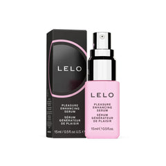 LELO Pleasure Enhancing Serum pink bottle and black box set on white background