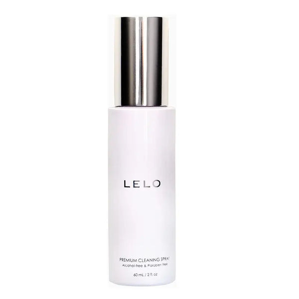LELO Premium Cleaning Spray 2oz white bottle with silver pump top, paraben-free
