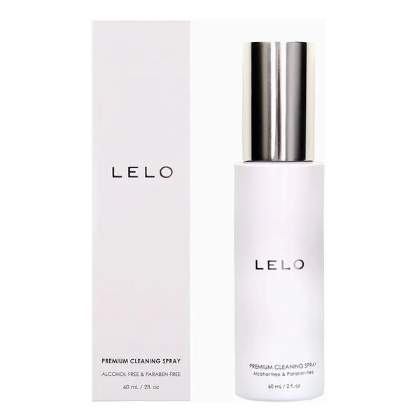 LELO Premium Cleaning Spray 60mL bottle beside its white box, alcohol-free formula