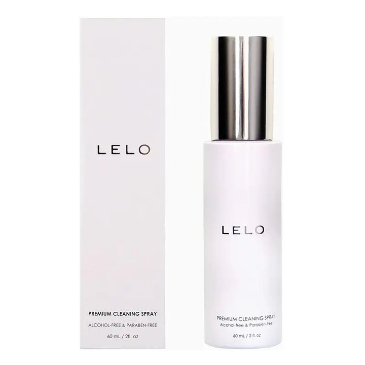 LELO Premium Cleaning Spray 60mL bottle beside its white box, alcohol-free formula