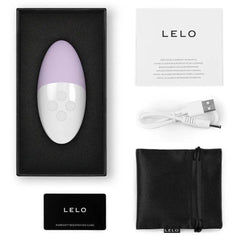 LELO SIRI 3 unboxed with USB charging cable, satin pouch, manual, and warranty card
