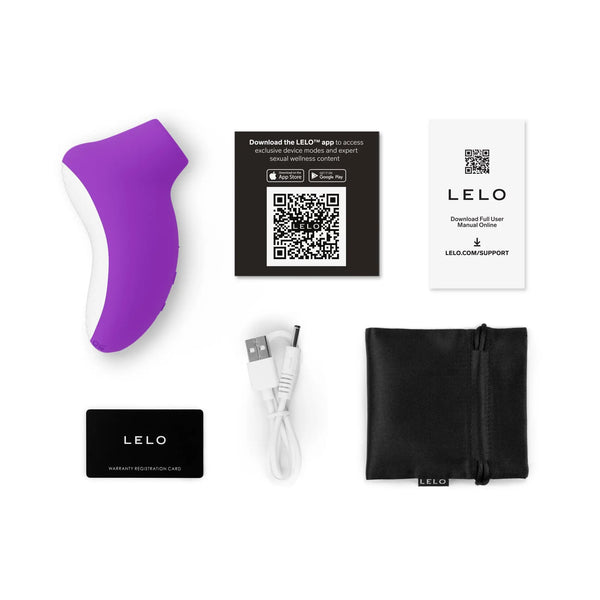 LELO SONA Originals full kit laid flat including device, USB cable, satin pouch, and warranty card