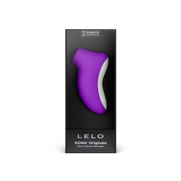 LELO SONA Originals sonic clitoral massager in purple displayed in black retail box