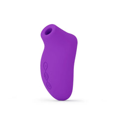 Close-up of LELO SONA purple silicone massager showing sonic opening tip and three control buttons