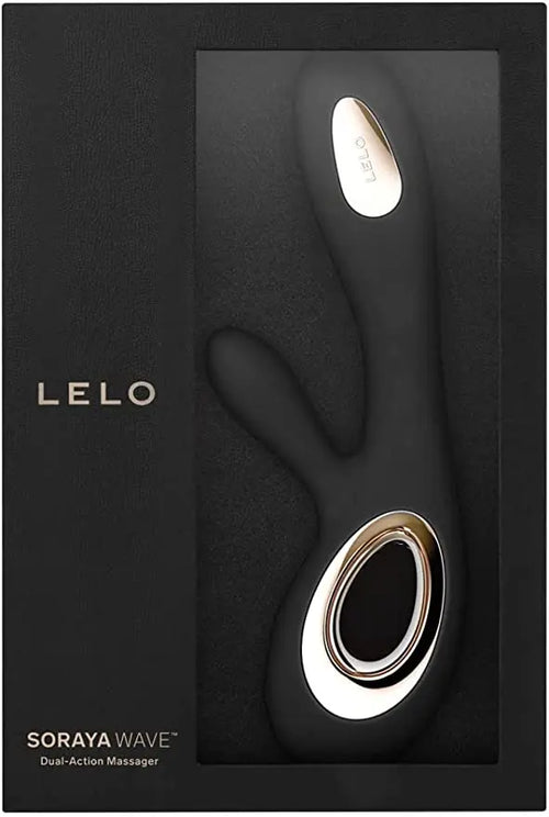 LELO Soraya Wave dual-action rabbit vibrator in black, displayed in luxury gift box