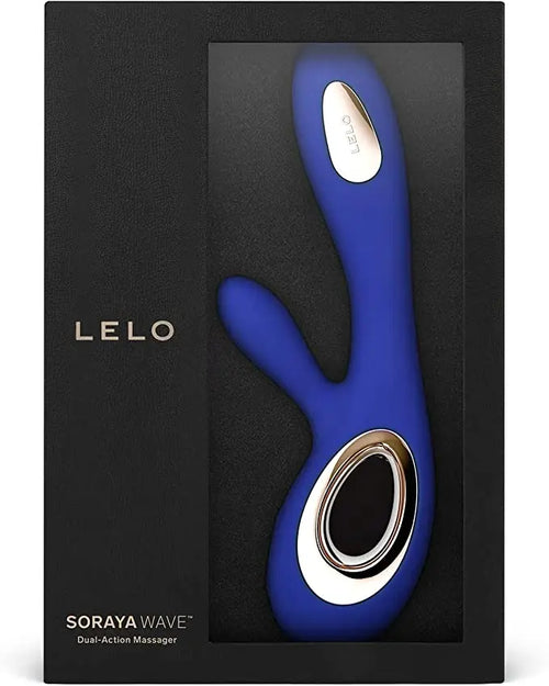 LELO Soraya Wave dual-action rabbit vibrator in midnight blue displayed in black luxury box