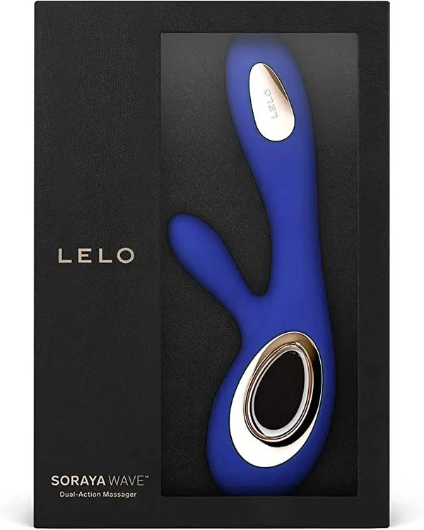 LELO Soraya Wave midnight blue rabbit vibrator presented in signature windowed black gift box