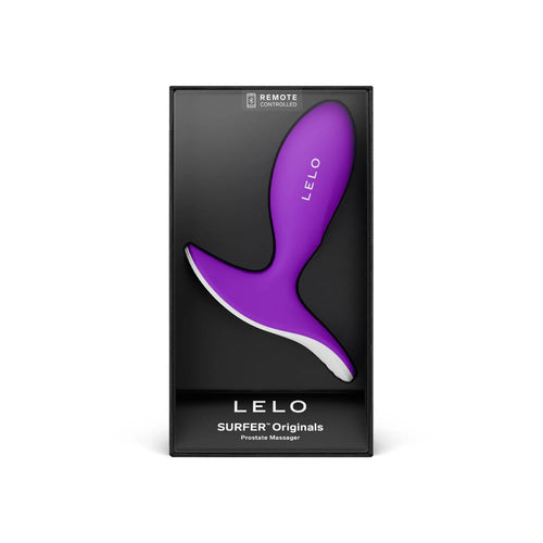 LELO SURFER Originals prostate massager in violet silicone displayed in black retail box