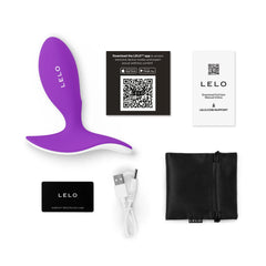 LELO Surfer Originals unboxed showing massager, USB cable, satin pouch, app card, and warranty card