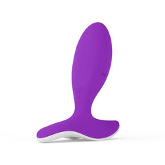 Close-up of LELO Surfer Originals showing wireless connectivity icon on smooth violet silicone body