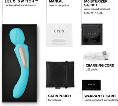 LELO Switch wand vibrator unboxed showing satin pouch, USB charging cord, and moisturizer sachet