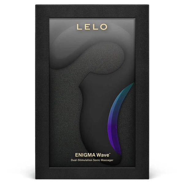 LELO Enigma Wave black dual-stimulation sonic massager in luxury gift box packaging