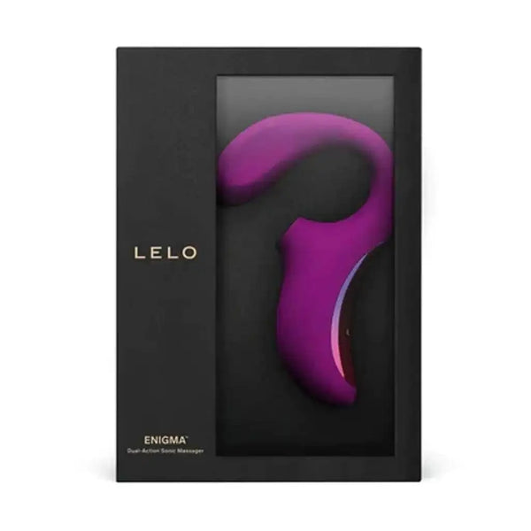 LELO Enigma dual-action sonic massager in deep rose displayed in black gift box