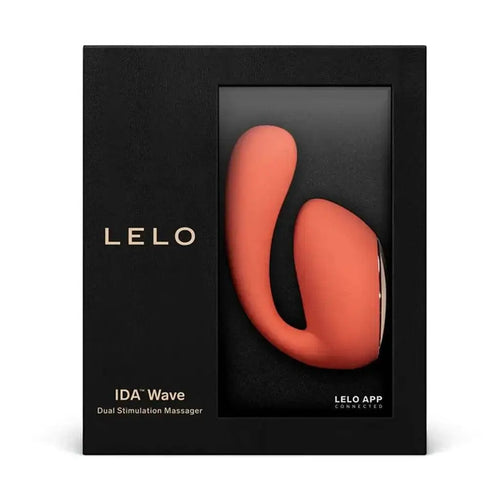 LELO IDA Wave dual stimulation massager in coral red displayed in black gift box