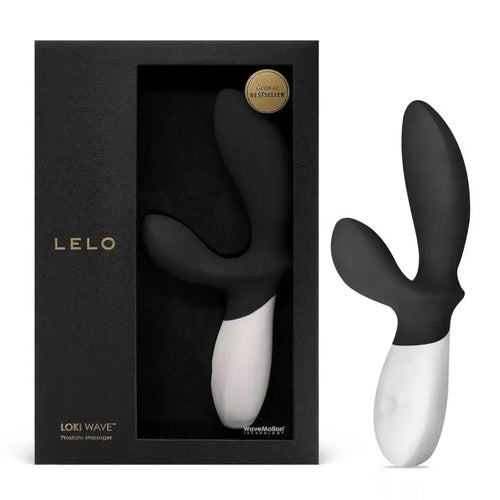 LELO Loki Wave prostate massager in obsidian black silicone shown beside its box