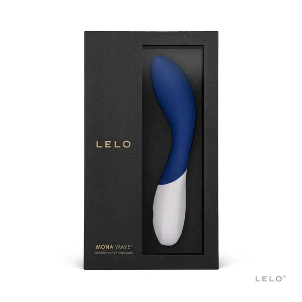 LELO Mona Wave midnight blue G-spot vibrator displayed in open black gift box