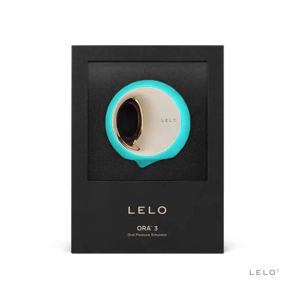 LELO ORA 3 aqua clitoral vibrator displayed in open black gift box with gold accents