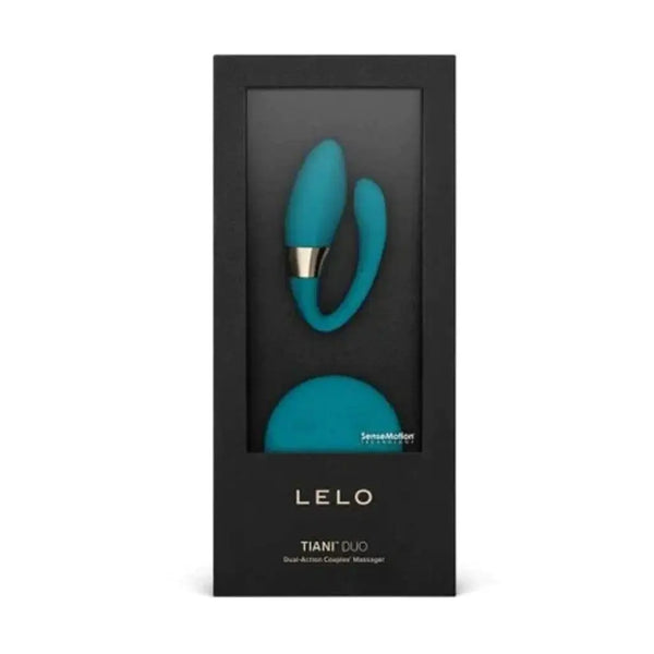 LELO Tiani Duo couples massager in ocean blue displayed in black premium gift box