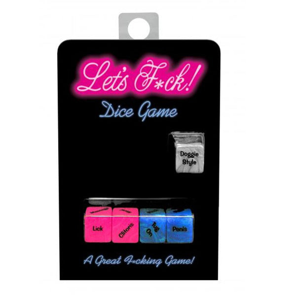 Let's F*ck Dice Game by Kheper Games in black retail packaging showing four colourful dice