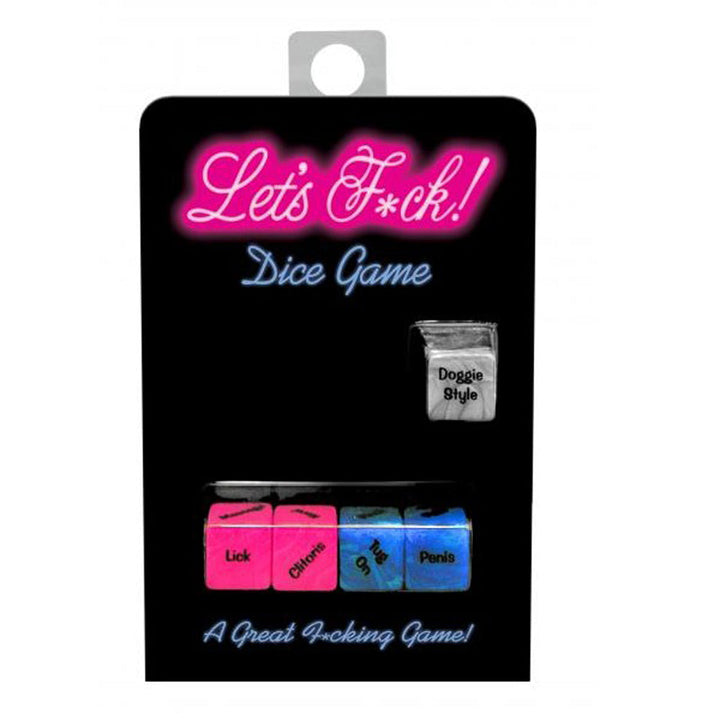 Let's F*ck Dice Game by Kheper Games in black retail packaging showing four colourful dice