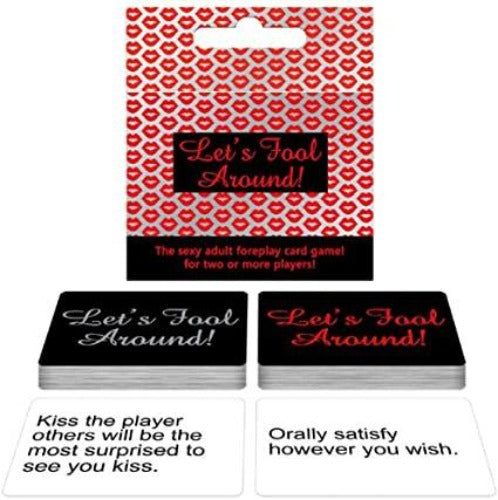 Let's Fool Around card game by Kheper Games with sample black and white prompt cards shown