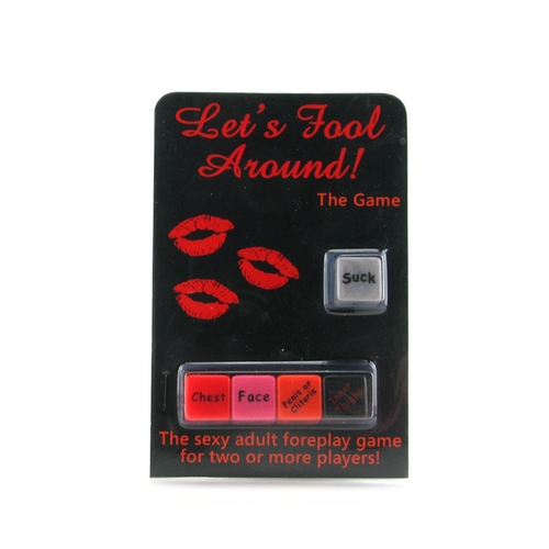 Let's Fool Around dice game displayed on black card packaging with lip print graphics and four colorful dice