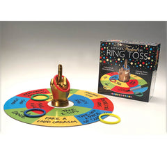 Let's Get F'd Up Ring Toss game set with colorful board, gold hand figure, and four rings