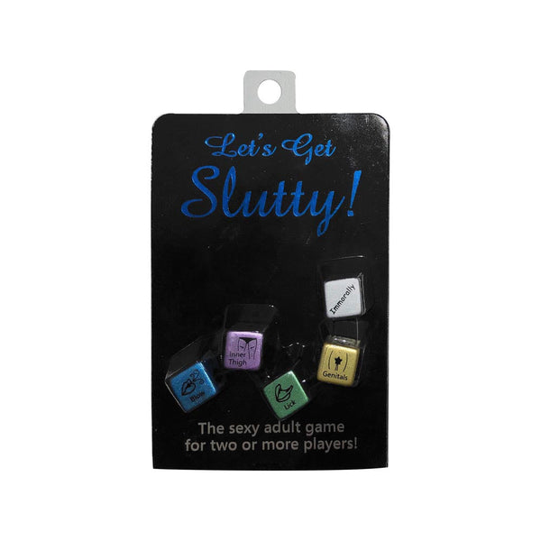 Let's Get Slutty dice game by Kheper Games, five multi-coloured dice on black card