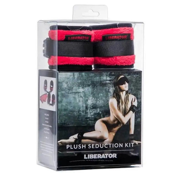 Liberator Black Label Plush Seduction Cuff Kit in retail box, red and black microfiber cuffs