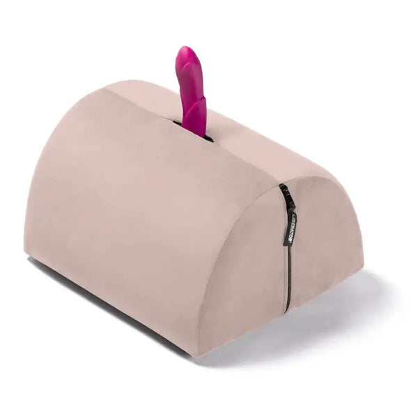 Liberator Bonbon Sex Toy Mount in rose microvelvet with pink dildo secured in top slot