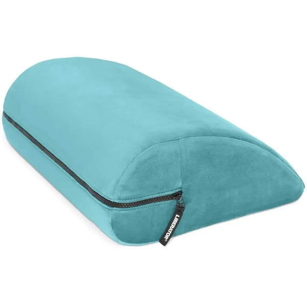 Liberator Jaz Motion positioning pillow in teal blue velvet with half-moon shape and zipper